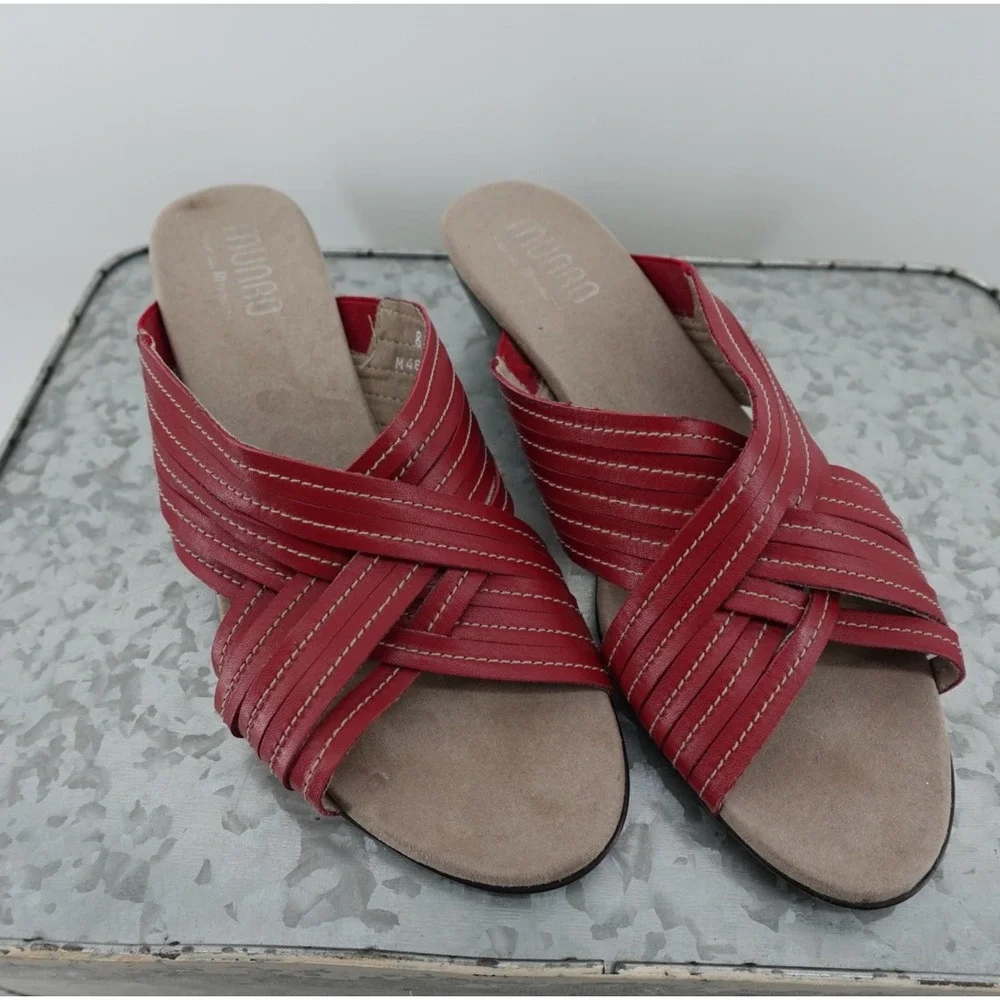 Munro American Red Leather Crisscross Strappy Slide Sandals‎ Wedge M467031 8M